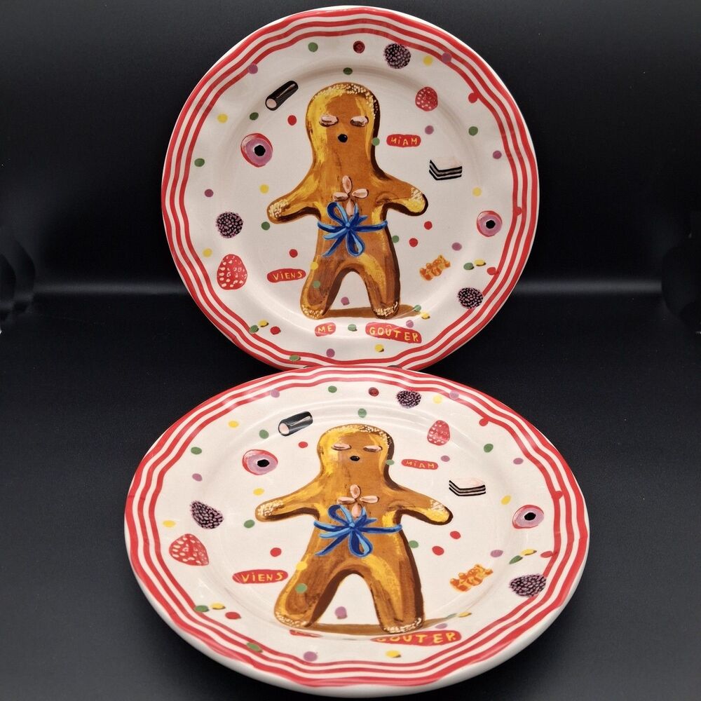 NATHALIE LETE Joyeux Noel Anthropologie Gingerbread Man Plate 10" Set of 2